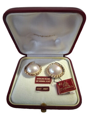 NIB Vintage Majorica 18K Vermeil Organic Pearl & Twist Rope Pierced Earrings Box